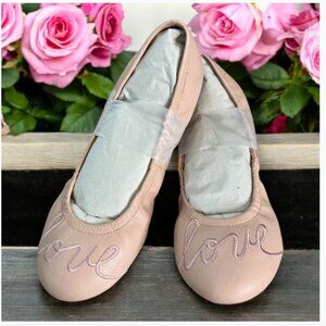 NIB Ed by Ellen Degeneres Pink Faux Leather Ballet Flats "Love" Embroidery SZ 3M